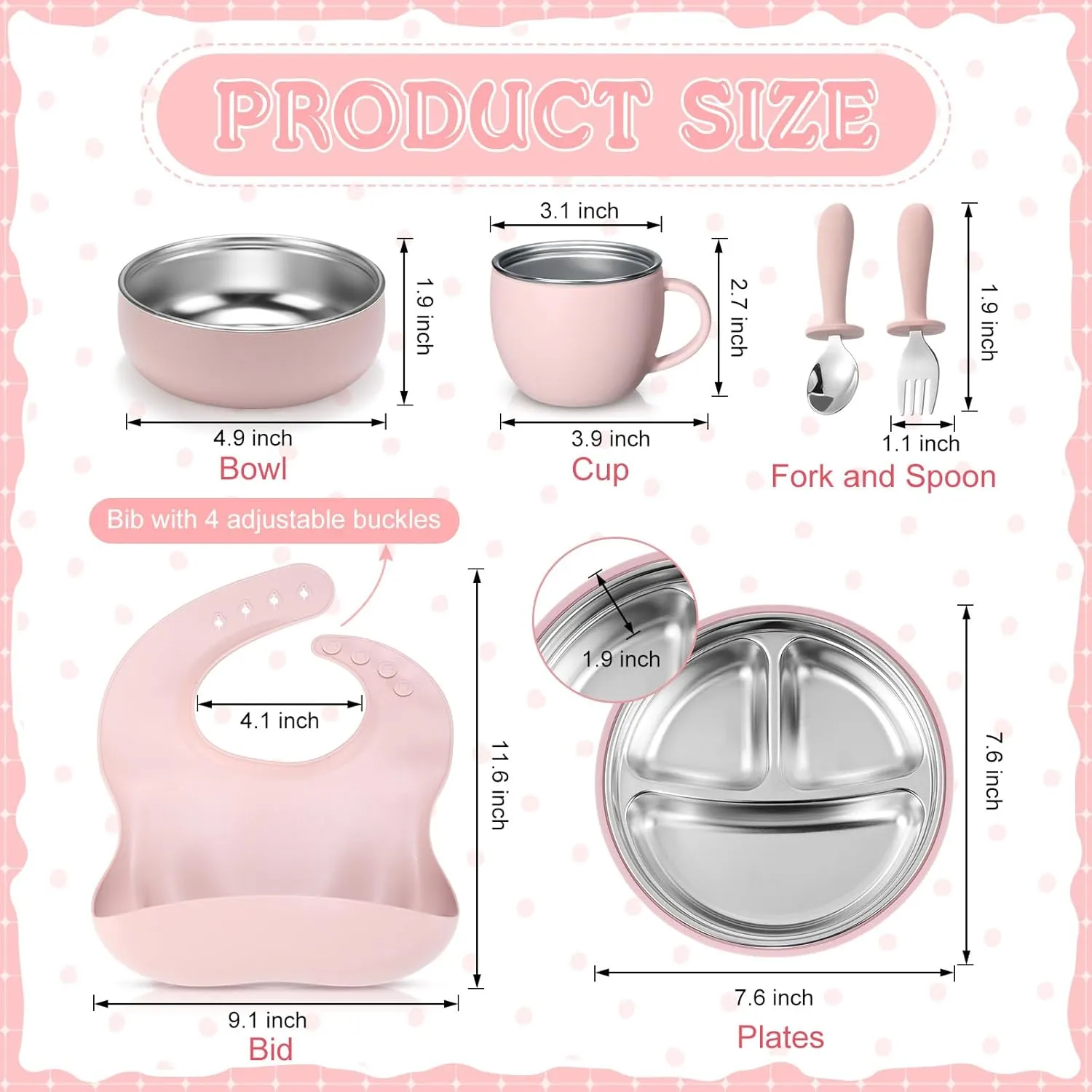 Nuogo 6 Pcs 304 Stainless Steel Kids Plates and Bowls Set Stainless Steel Suction Bowls and Toddler Cup with Removable Silicone, Forks Spoons Pocket Bib for Baby Toddle(Pink,Round)