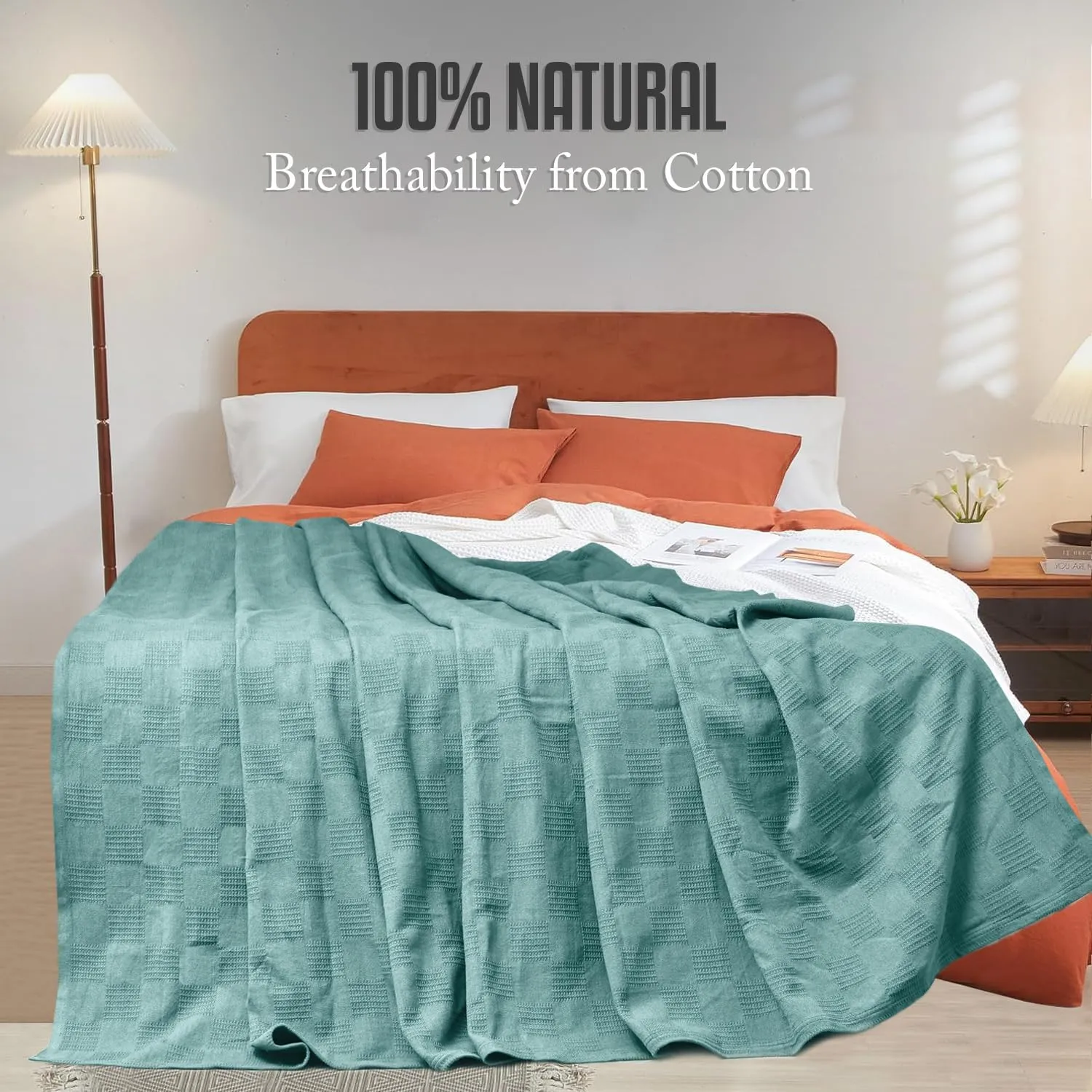 Oakias 100% Cotton Blanket Queen Mint - 350 GSM 90 x 90 InchesSoft Thermal Blanket Queen Size - Throw Blanket Lightweight, Breathable & Durable Summer Blanket for Bed, Couches & Living Room
