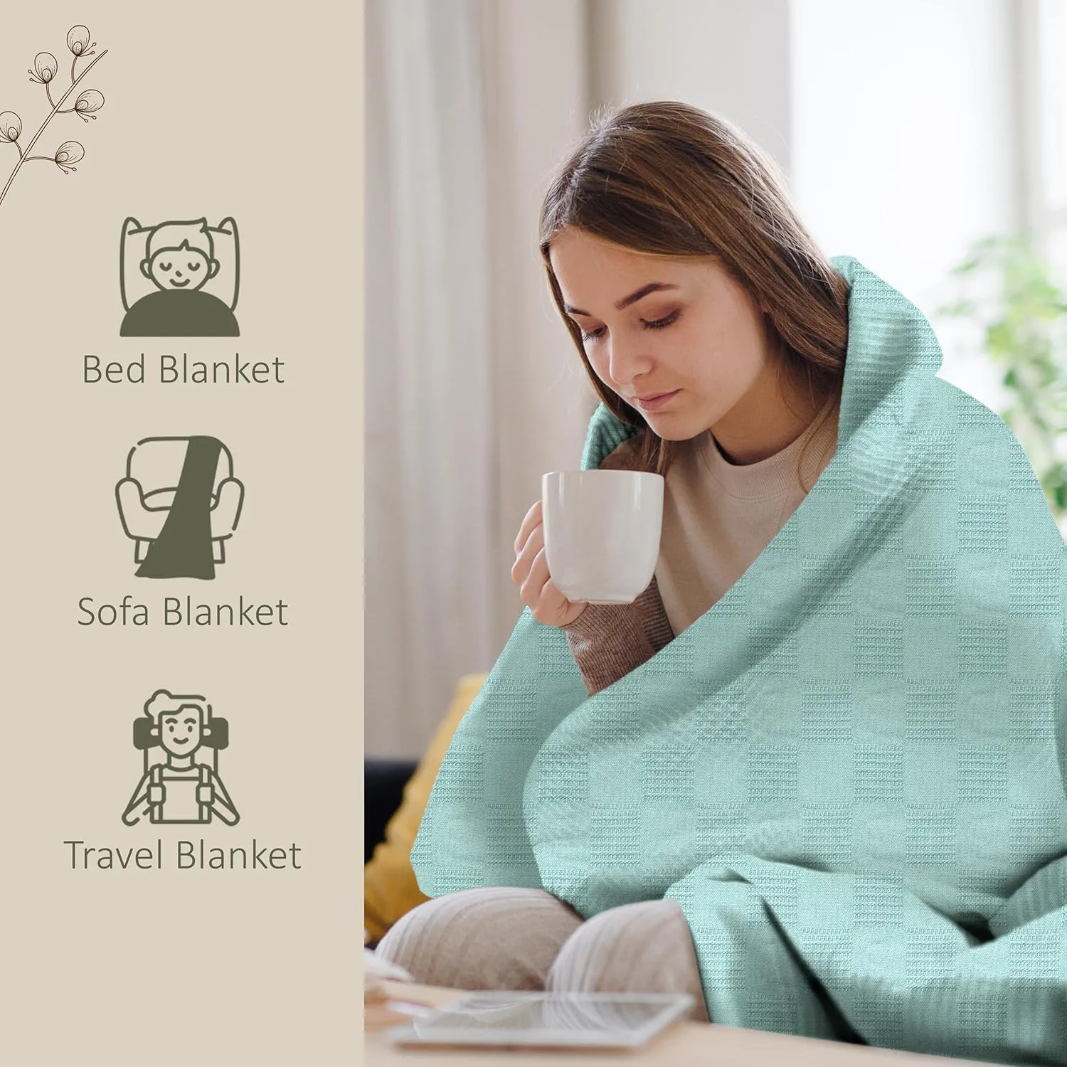 Oakias 100% Cotton Blanket Queen Mint - 350 GSM 90 x 90 InchesSoft Thermal Blanket Queen Size - Throw Blanket Lightweight, Breathable & Durable Summer Blanket for Bed, Couches & Living Room