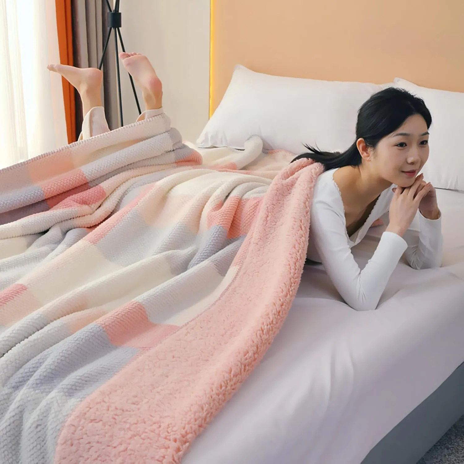 Oeko-Tex Certified Sherpa Fleece Blanket, Ultra Soft Aztec Pattern Throw for All Seasons, Reversible Plush & Bohemia, Machine Washable, Bed, Couch, Camping (Pink Square, 80'' × 90'')