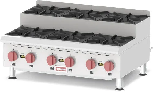 Omcan CE-CN-0636-S 6-Burner Countertop Stainless Steel Step-Up Gas Hot Plates
