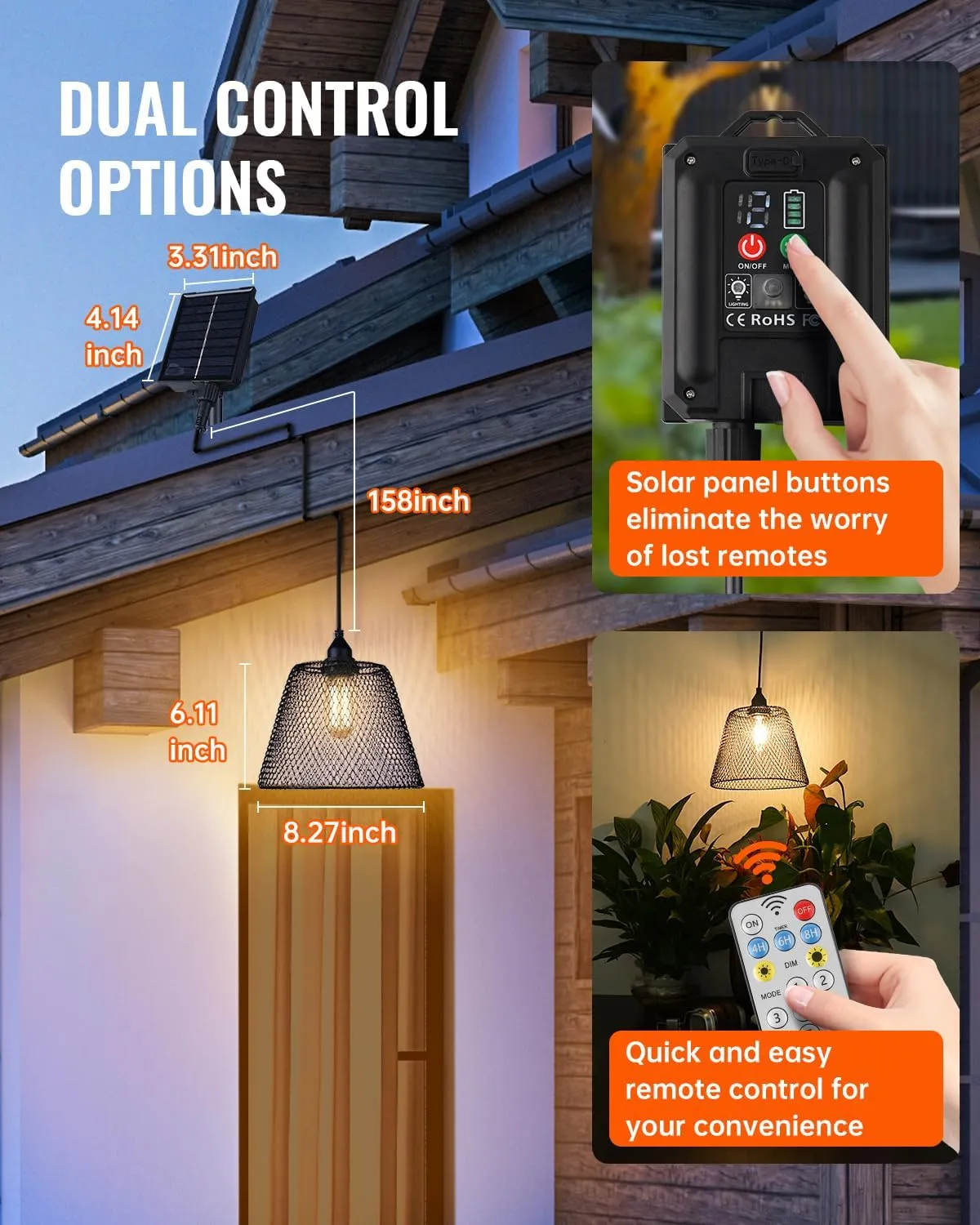 OMED Hanging Solar Powered Outdoor Rechargeable Dusk to Dawn Waterproof Remote Control Pendant Lights Dimmable LED Camping Lights for Gazebo Shed Garage Patio and Yard