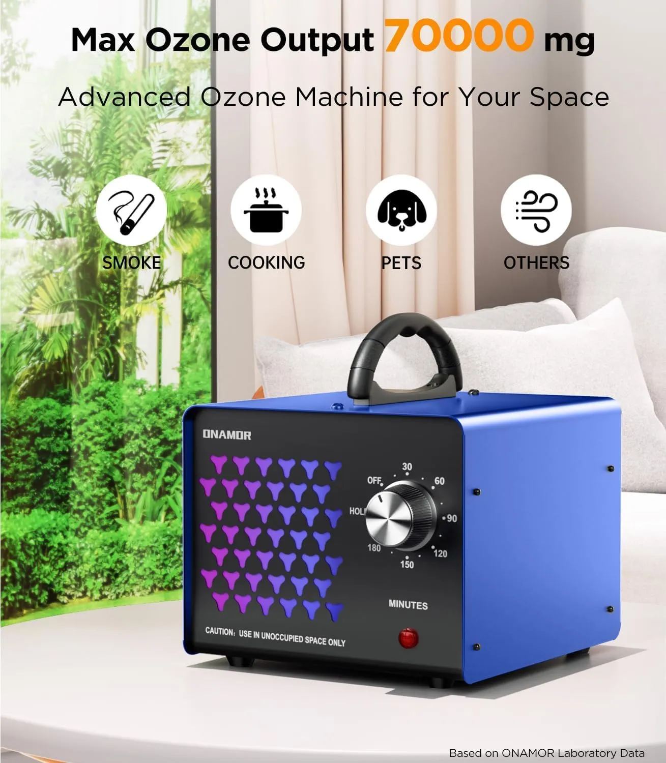 ONAMOR Ozone Generator Odor Eliminator 70000mg, High Capacity Ozone Machine Odor Removal Up to 6000 Sq.Ft, Ozone Ionizer Ozonator for Smoke, Car, Basement And Pet Room, Blue