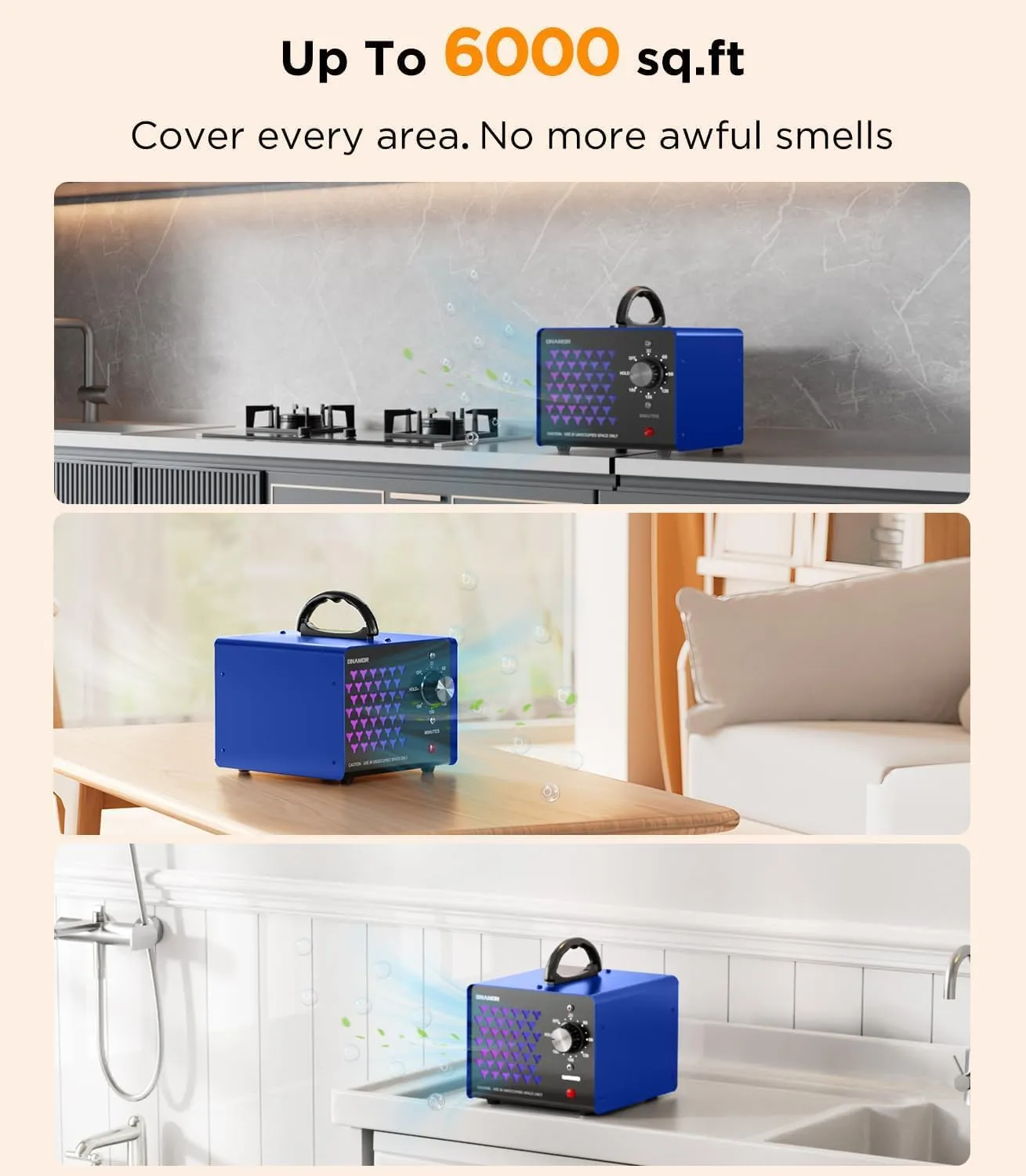ONAMOR Ozone Generator Odor Eliminator 70000mg, High Capacity Ozone Machine Odor Removal Up to 6000 Sq.Ft, Ozone Ionizer Ozonator for Smoke, Car, Basement And Pet Room, Blue