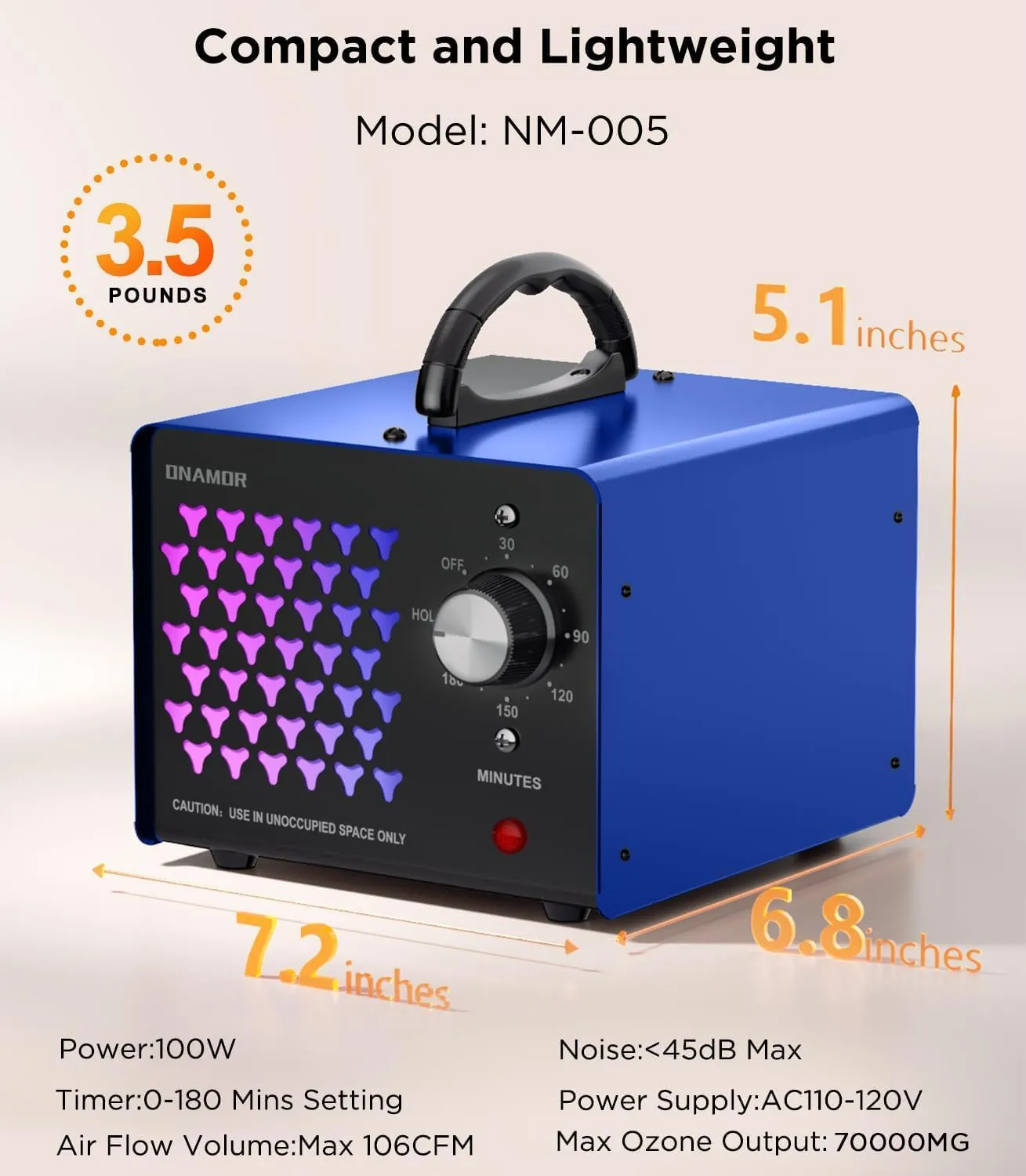 ONAMOR Ozone Generator Odor Eliminator 70000mg, High Capacity Ozone Machine Odor Removal Up to 6000 Sq.Ft, Ozone Ionizer Ozonator for Smoke, Car, Basement And Pet Room, Blue