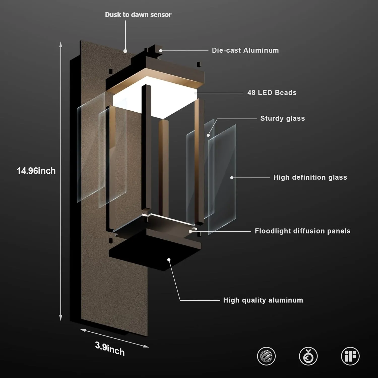 Outdoor Dusk to Dawn Exterior Light Fixture Wall Sconce Modern Style 800LM 13W Waterproof Rustproof Aluminum Glass Shade Porch Lantern Garage Garden Patio Matte Black Lamp