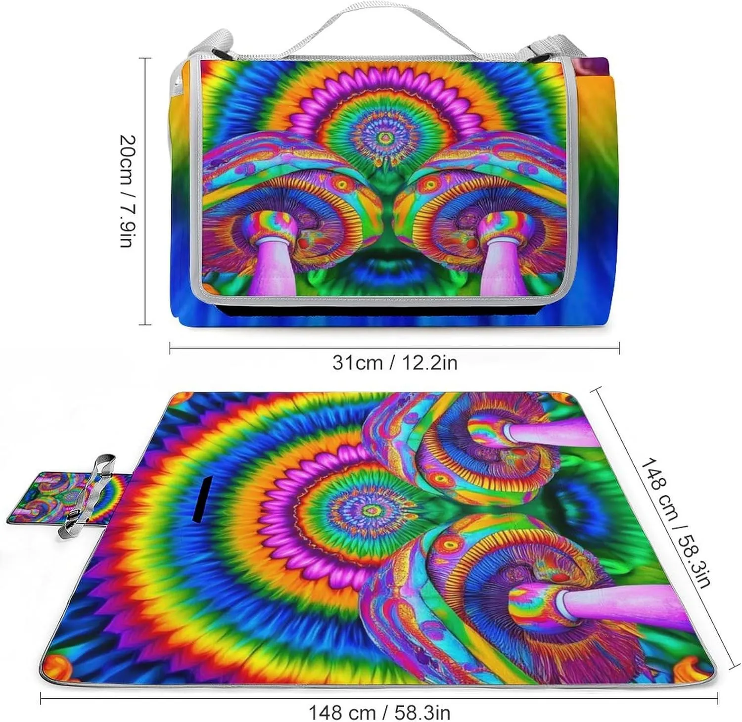 Outdoor Foldable Picnic Mat for Women and Men, Sturdy and Durable Trippy Rainbow Mushroom Tie Dye Art Blanket for Park Travel Beach Camping