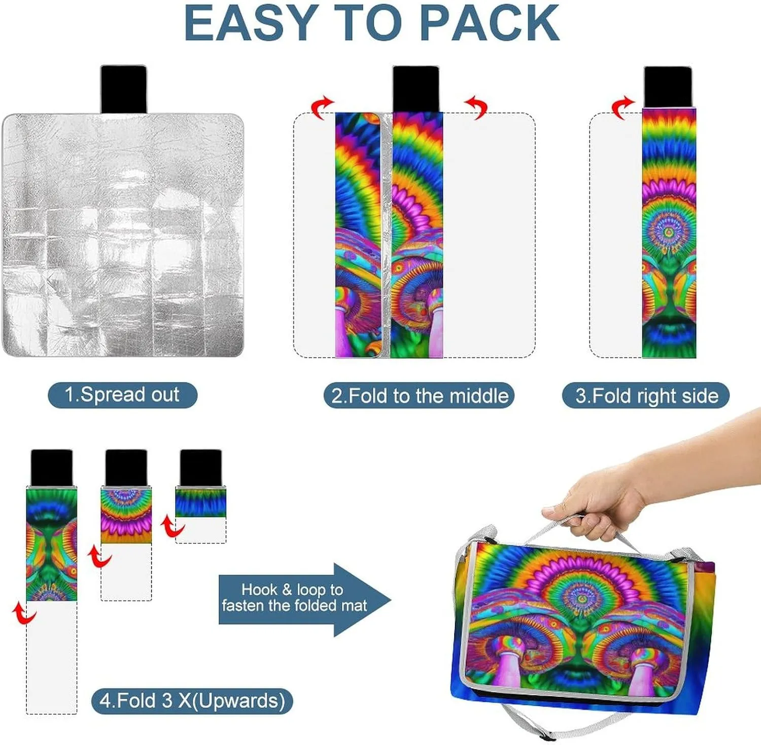 Outdoor Foldable Picnic Mat for Women and Men, Sturdy and Durable Trippy Rainbow Mushroom Tie Dye Art Blanket for Park Travel Beach Camping