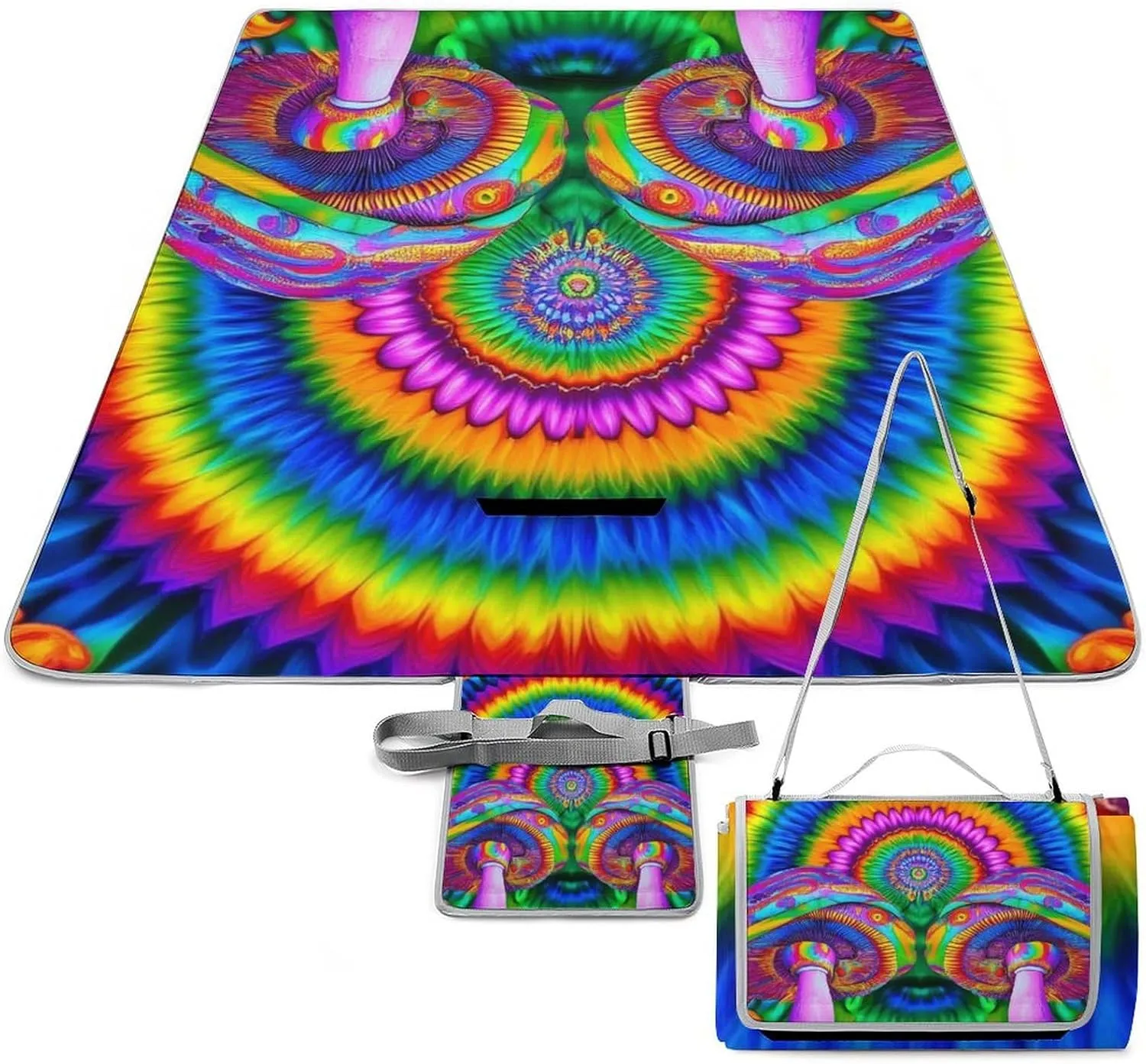 Outdoor Foldable Picnic Mat for Women and Men, Sturdy and Durable Trippy Rainbow Mushroom Tie Dye Art Blanket for Park Travel Beach Camping