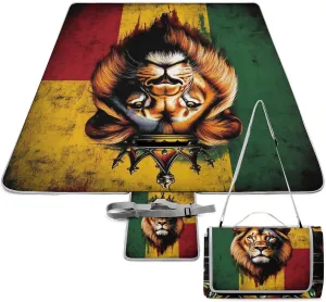 Outdoor Foldable Rasta Flag Lion Splatter Painting Mat for Women Men Unisex, Waterproof Sand Beach Blanket for Camping Picnic Travel Park