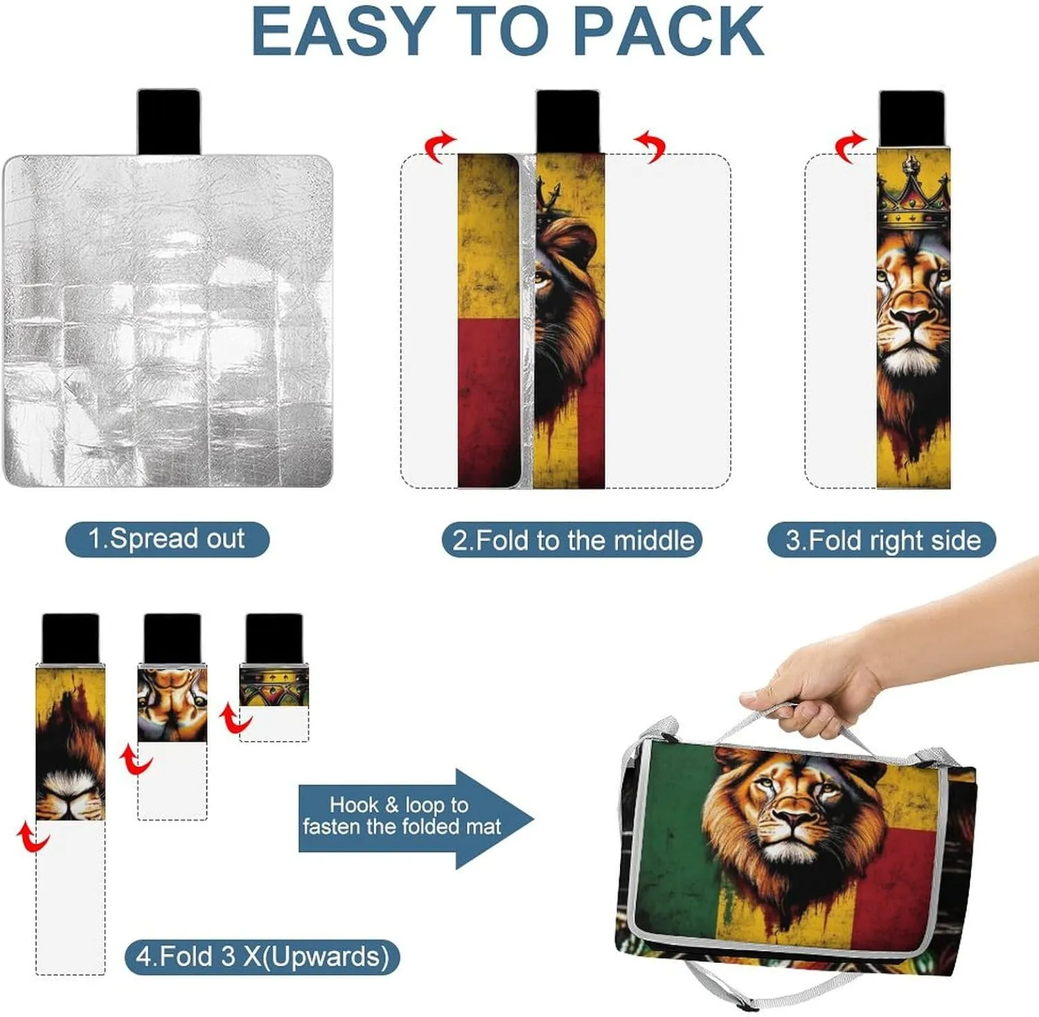 Outdoor Foldable Rasta Flag Lion Splatter Painting Mat for Women Men Unisex, Waterproof Sand Beach Blanket for Camping Picnic Travel Park