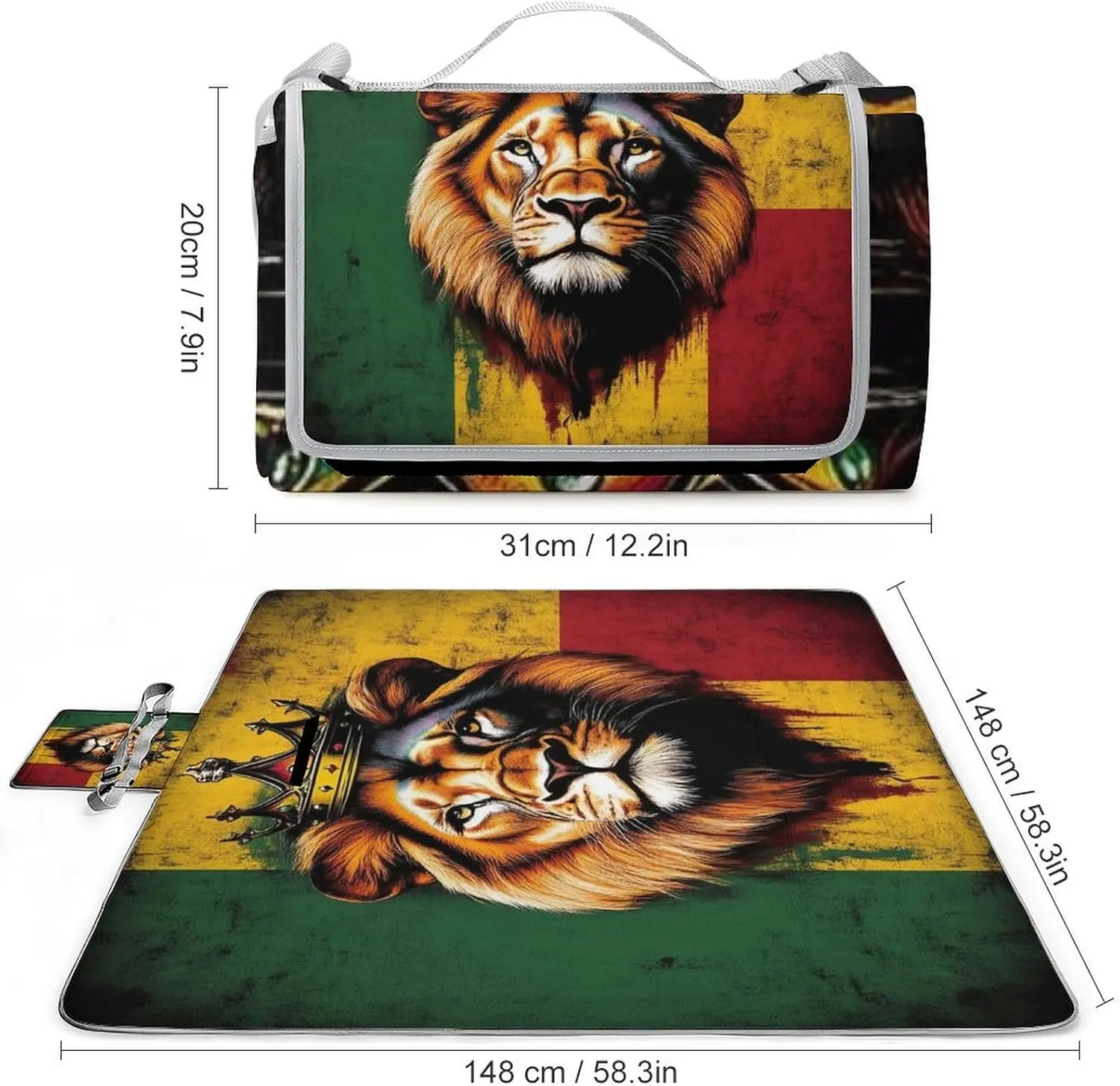 Outdoor Foldable Rasta Flag Lion Splatter Painting Mat for Women Men Unisex, Waterproof Sand Beach Blanket for Camping Picnic Travel Park