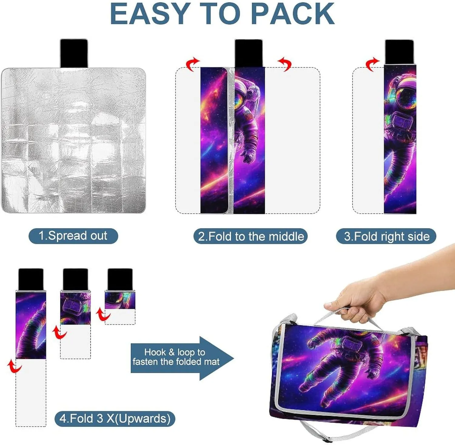 Outdoor Foldable Space Purple Galaxy Trippy Astronaut Art Mat for Women Men Unisex, Waterproof Sand Beach Blanket for Camping Picnic Travel Park