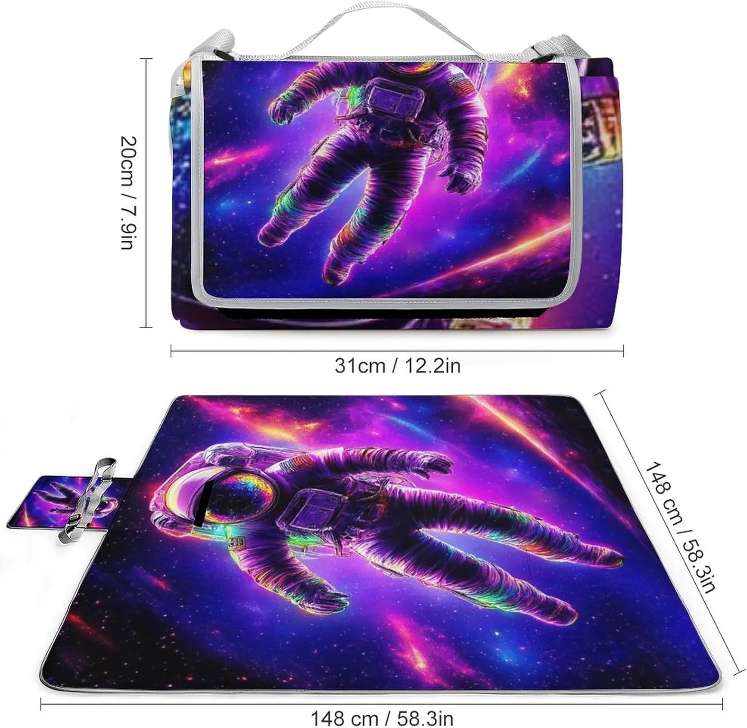 Outdoor Foldable Space Purple Galaxy Trippy Astronaut Art Mat for Women Men Unisex, Waterproof Sand Beach Blanket for Camping Picnic Travel Park