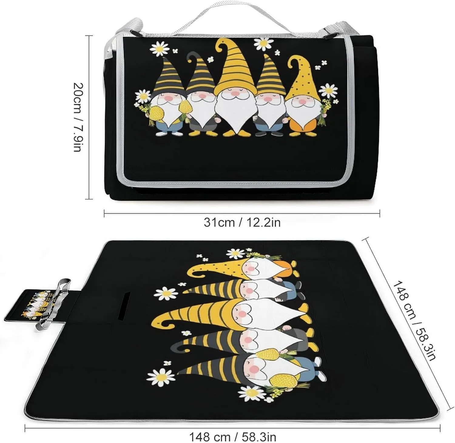 Outdoor Foldable Sunflower Bee Cute Cartoon Gnome Black Mat for Women Men Unisex, Waterproof Sand Beach Blanket for Camping Picnic Travel Park