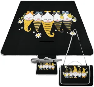 Outdoor Foldable Sunflower Bee Cute Cartoon Gnome Black Mat for Women Men Unisex, Waterproof Sand Beach Blanket for Camping Picnic Travel Park