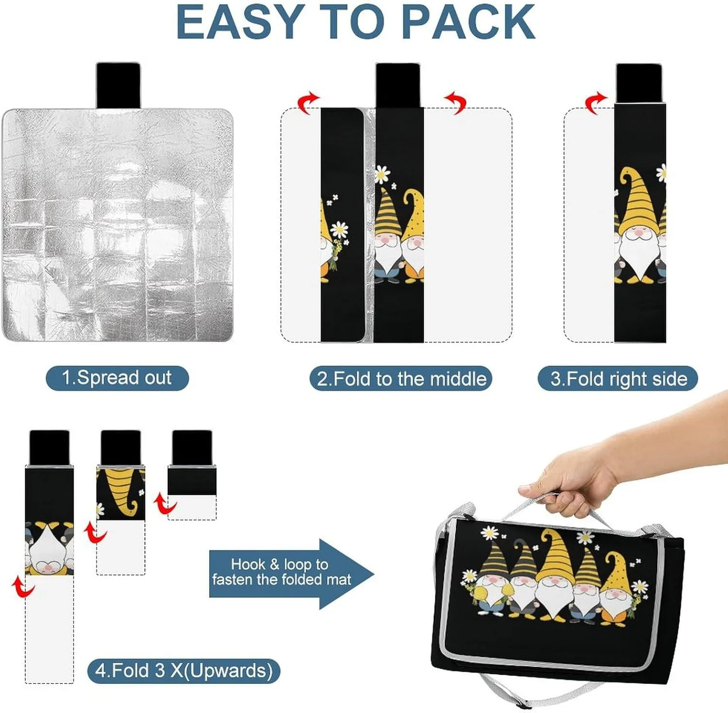 Outdoor Foldable Sunflower Bee Cute Cartoon Gnome Black Mat for Women Men Unisex, Waterproof Sand Beach Blanket for Camping Picnic Travel Park