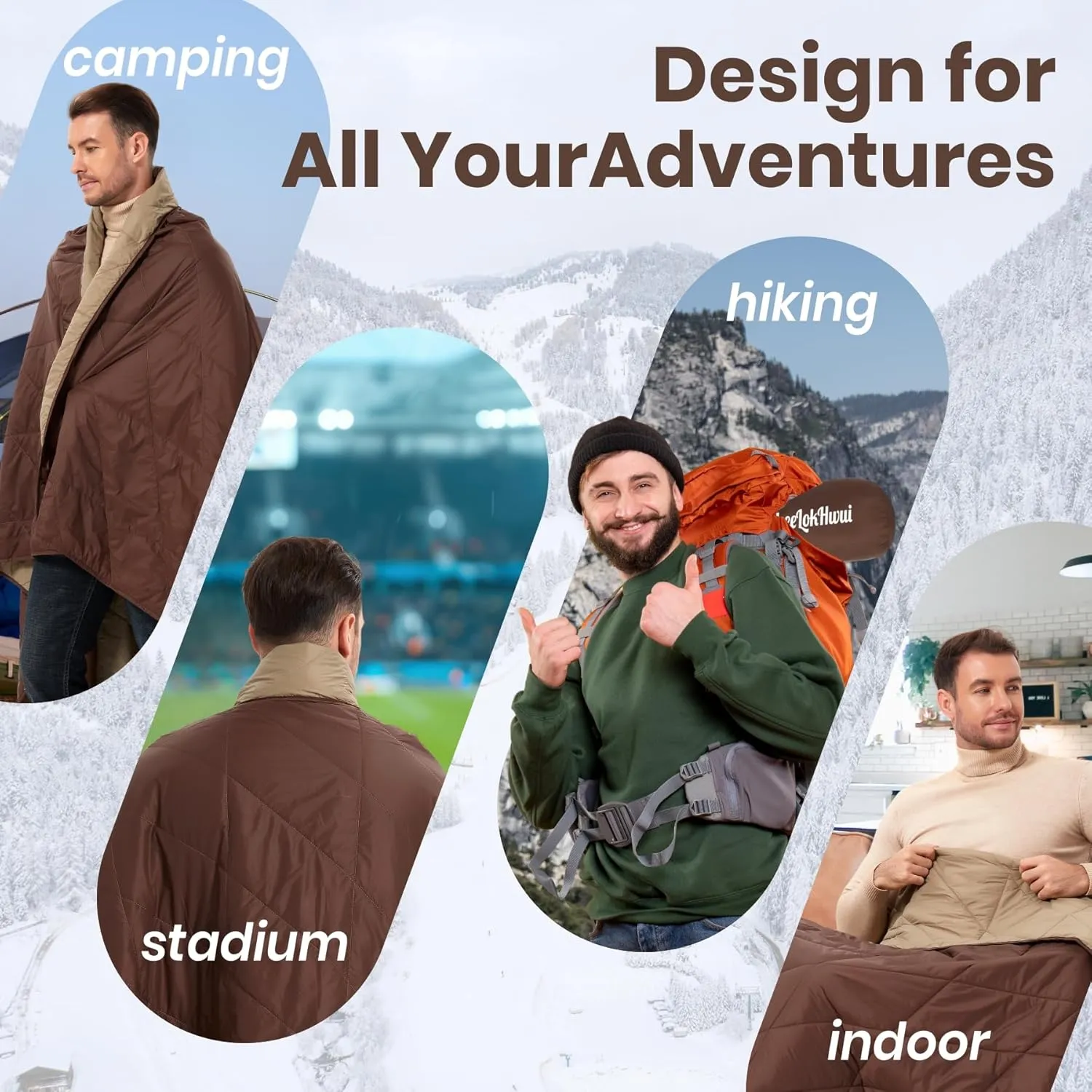 Outdoor Puffy Blanket, Reversible Warm Camping Blanket, Water-Resistant, Packable, Lightweight, Camping Quilt, for Stadium, Backpacking, Hammock, Picnic. 79"x55". Classic Coffee
