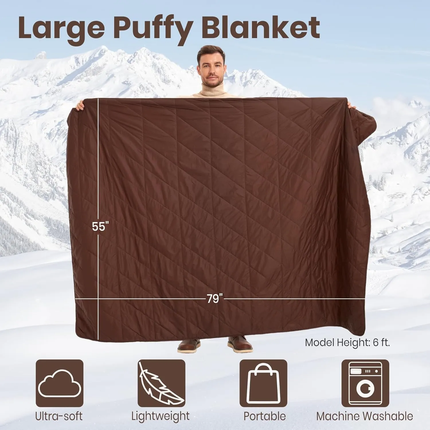 Outdoor Puffy Blanket, Reversible Warm Camping Blanket, Water-Resistant, Packable, Lightweight, Camping Quilt, for Stadium, Backpacking, Hammock, Picnic. 79"x55". Classic Coffee