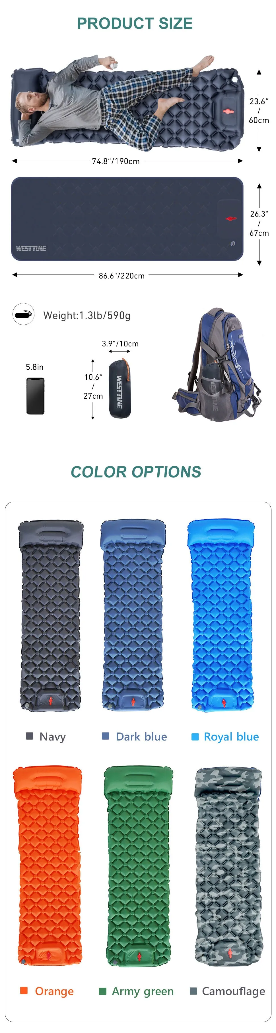 Outdoor Sleeping Pad Camping Inflatable Mattress Built-in Pump Ultralight Air Cushion Travel Mat