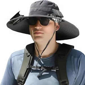 Outdoor Wide Brim Sun Hat with 2 Solar-Powered Fans,Sun Bucket Hat for Men & Women,Fishing hat, Beach hat