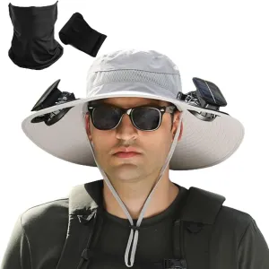 Outdoor Wide Brim Sun Hat with Solar Fan, Hat with Solar Powered Fan Hat Outdoor Fishing Hat-Solar & USB Charging