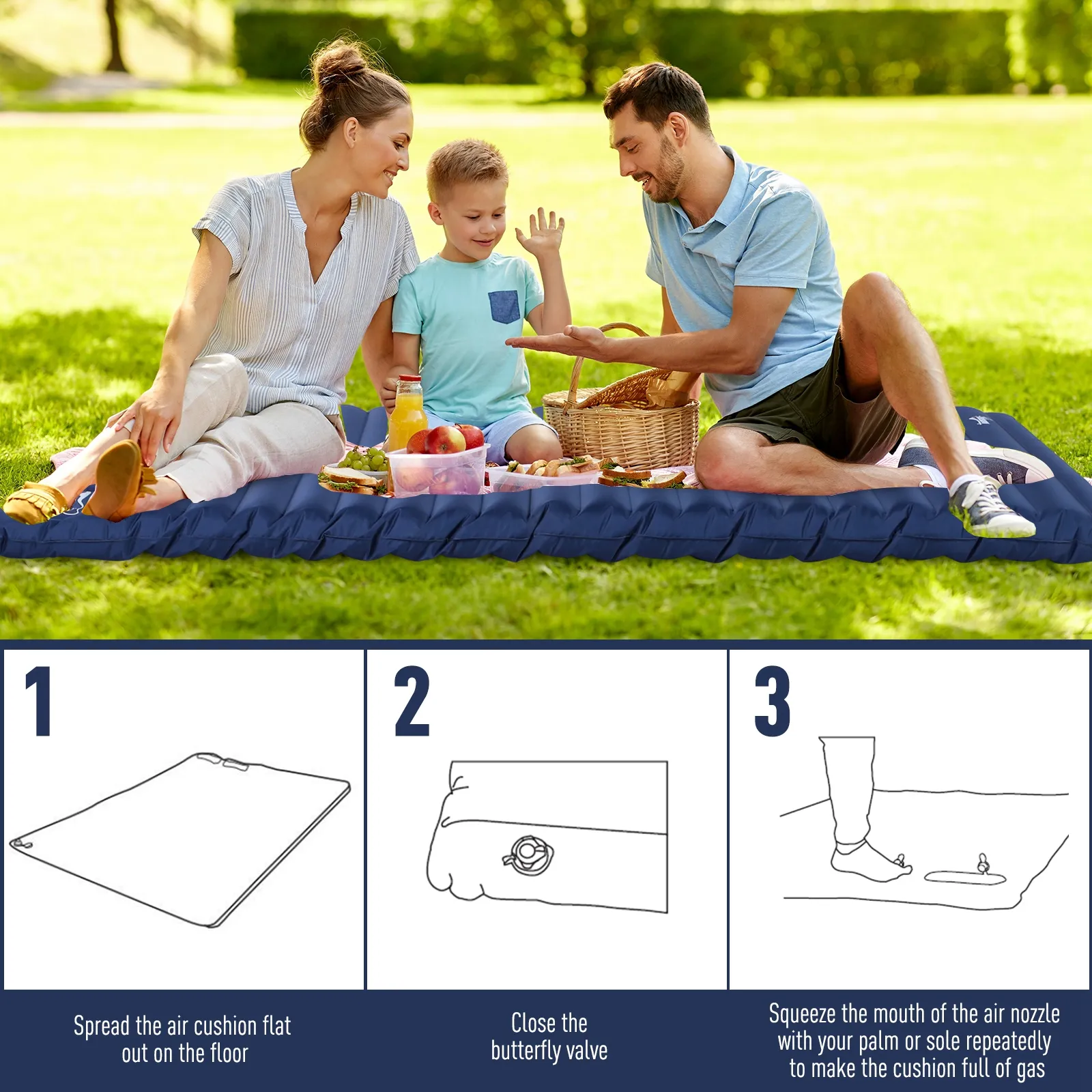 Outsunny 2 Person Camping Inflating Sleeping Mat Inflatable Mattress Ultralight Folding Bed Portable Air Pad for Outdoor Backpacking Hiking Travel - Blue