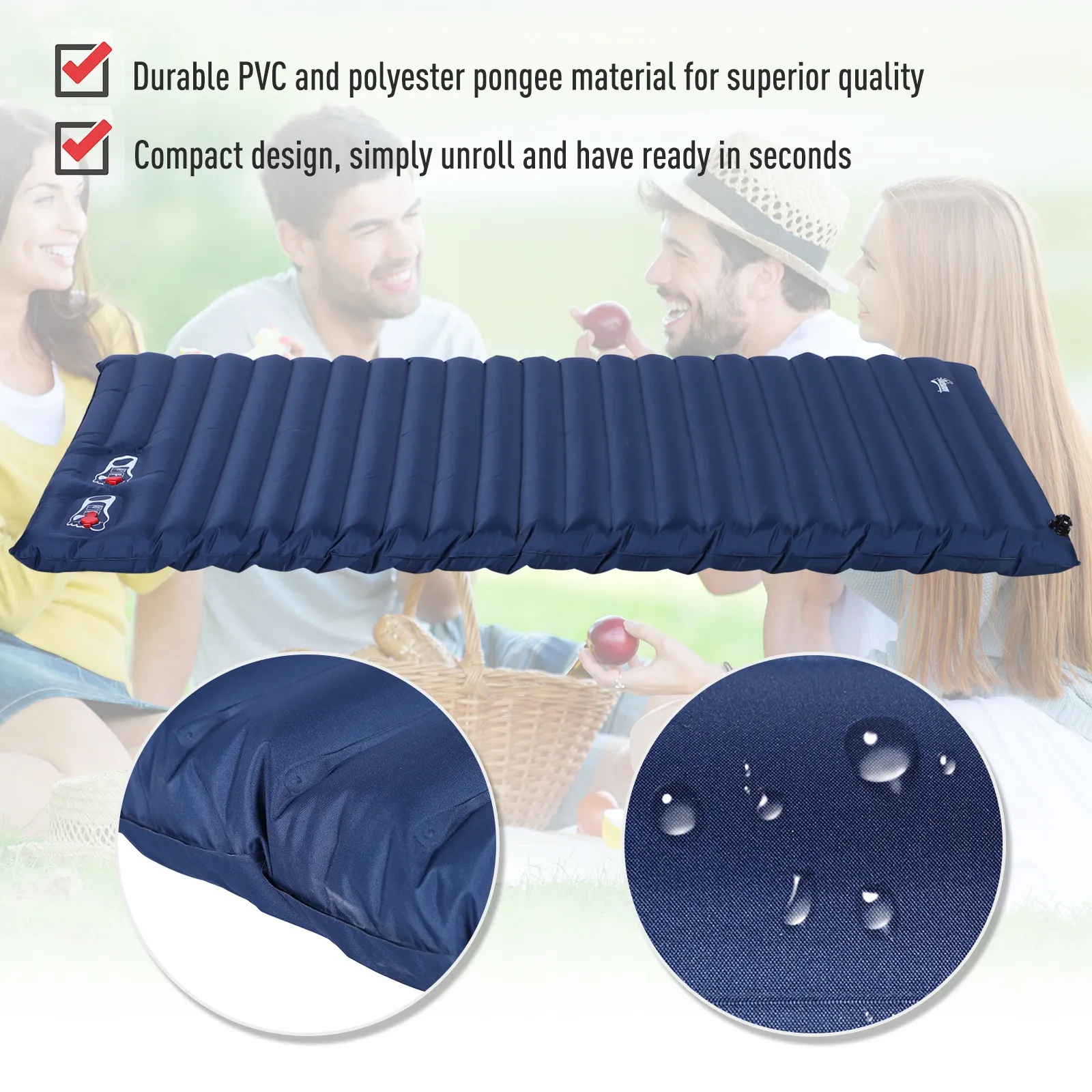 Outsunny 2 Person Camping Inflating Sleeping Mat Inflatable Mattress Ultralight Folding Bed Portable Air Pad for Outdoor Backpacking Hiking Travel - Blue