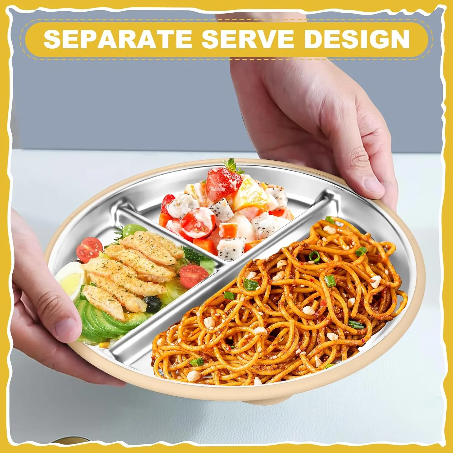 OVV Stainless Steel Kids Plates (2 Pack) – 9 Inch Toddler Divided Plates with ﻿Removable Silicone Sleeves & 5 Suction Cups Baby Self Feeding | Mess-Free Mealtime | Dishwasher Safe
