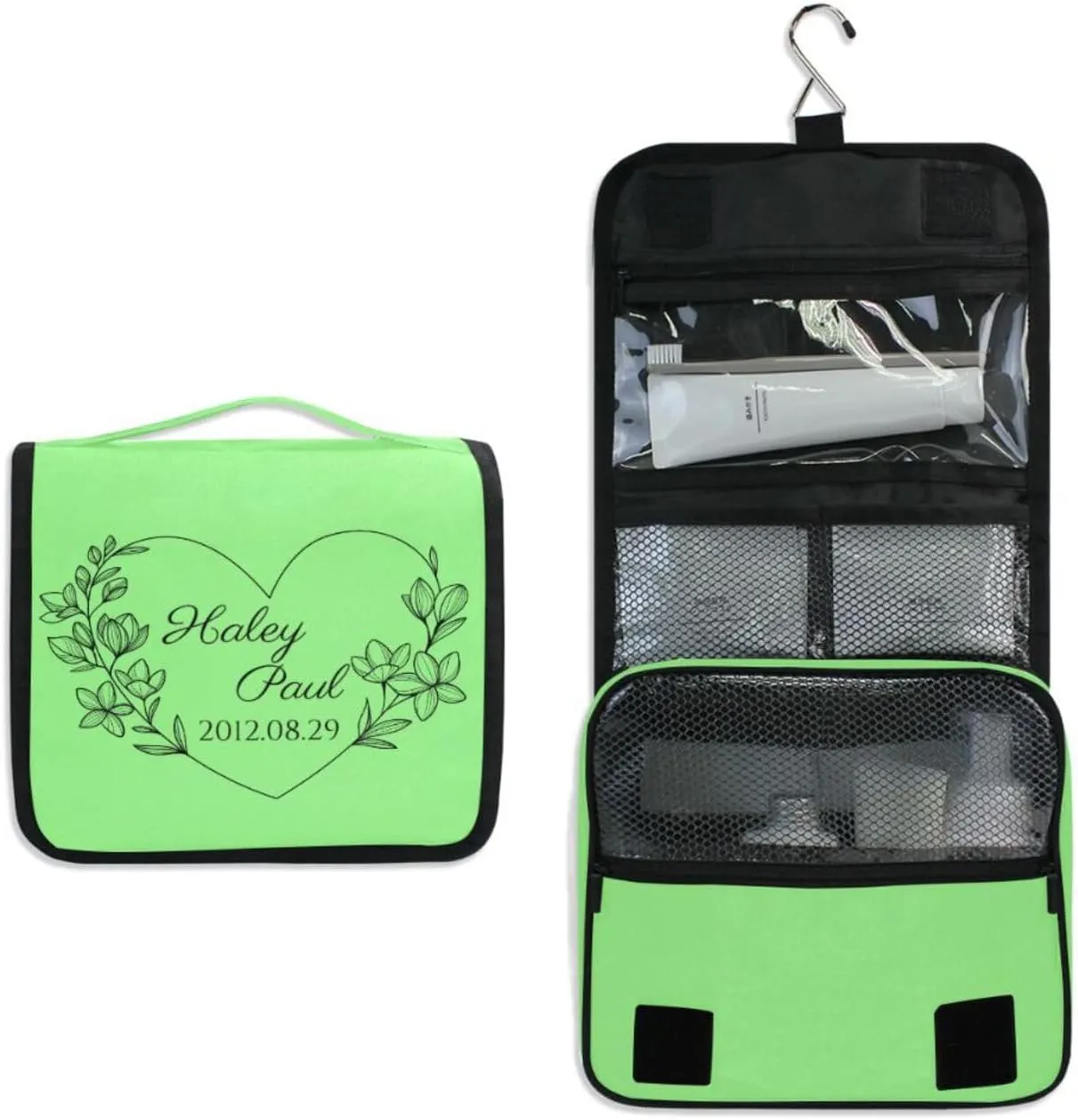 Pale Green Custom Toiletry Bag Personalized Name Makeup Cosmetic Bag Cosmetic Case Large Capacity Travel Toiletry Organizer for Brush Toiletries Shaving Storage