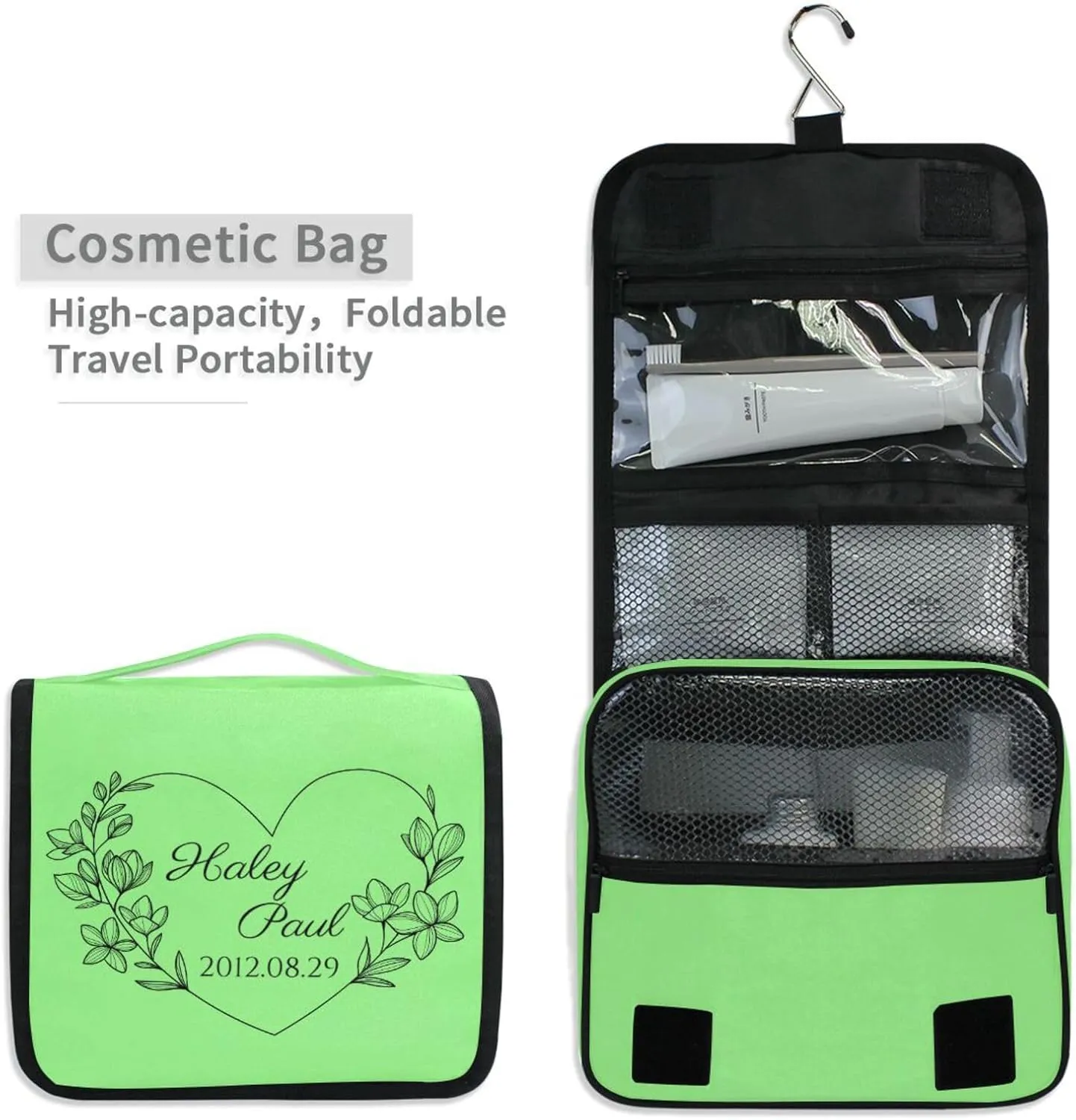 Pale Green Custom Toiletry Bag Personalized Name Makeup Cosmetic Bag Cosmetic Case Large Capacity Travel Toiletry Organizer for Brush Toiletries Shaving Storage
