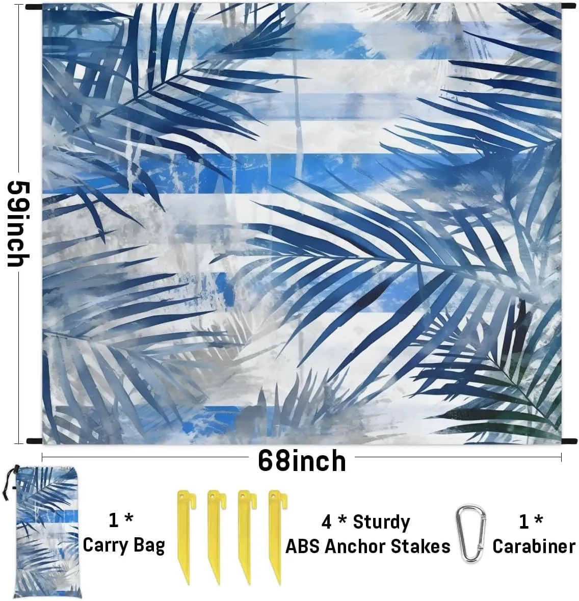Palm Leaves Beach Blanket, Sandproof Beach Mat, 68 x 59 Waterproof Quick Drying Sand Free Mat with 4 x Ground Spikes for Outdoor Travel Camping Hiking, Summer Palm
