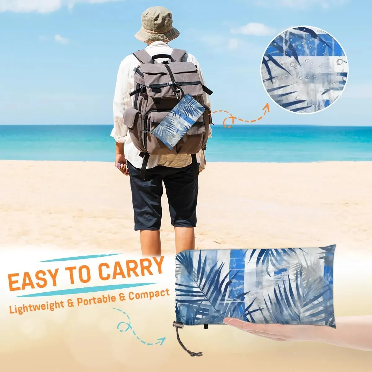 Palm Leaves Beach Blanket, Sandproof Beach Mat, 68 x 59 Waterproof Quick Drying Sand Free Mat with 4 x Ground Spikes for Outdoor Travel Camping Hiking, Summer Palm