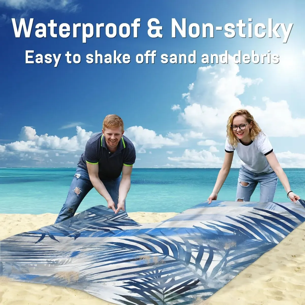 Palm Leaves Beach Blanket, Sandproof Beach Mat, 68 x 59 Waterproof Quick Drying Sand Free Mat with 4 x Ground Spikes for Outdoor Travel Camping Hiking, Summer Palm