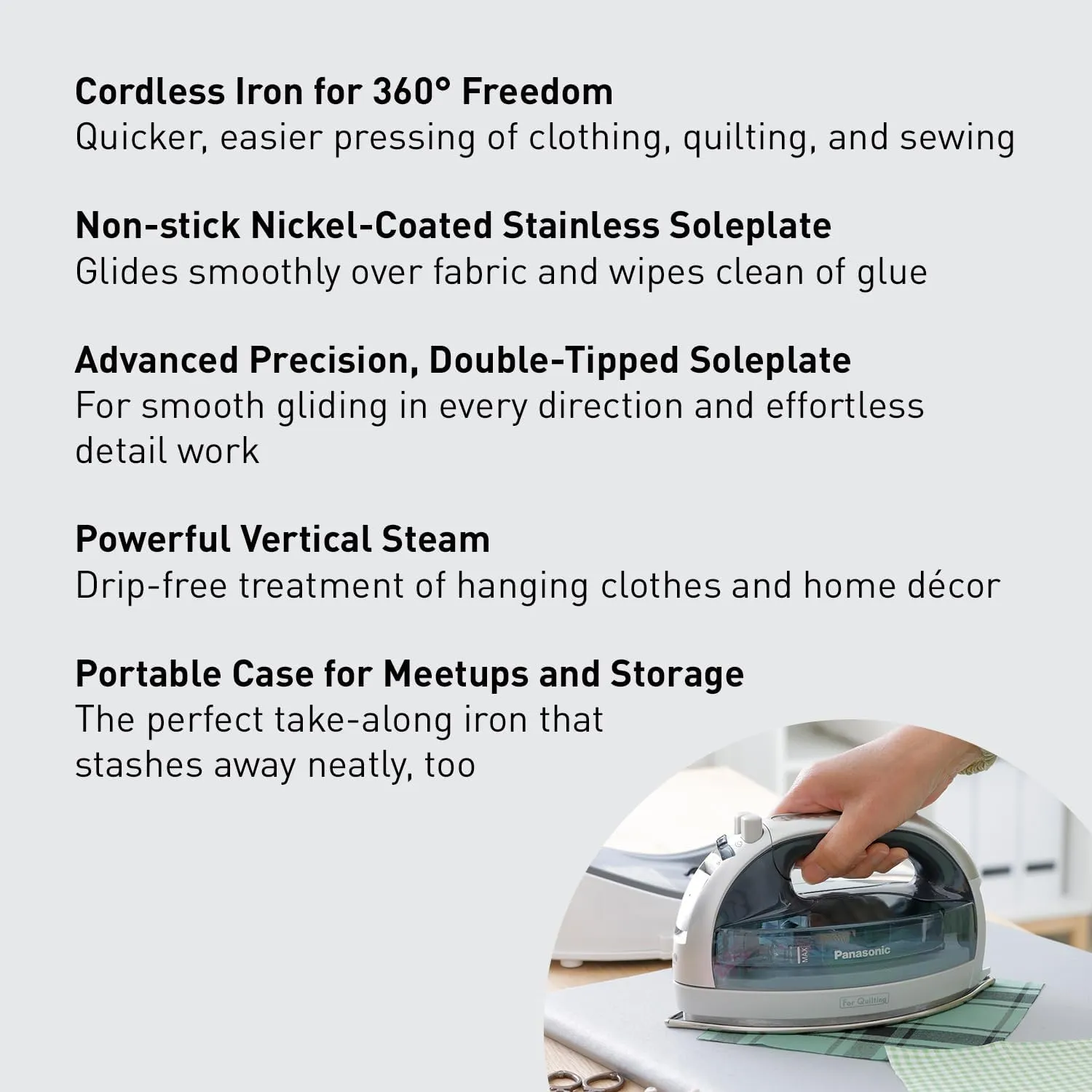 Panasonic NI-QL1100L Cordless Steam/Dry Iron, 1500W Wide Stainless Steel Plate, Silver/Light Blue