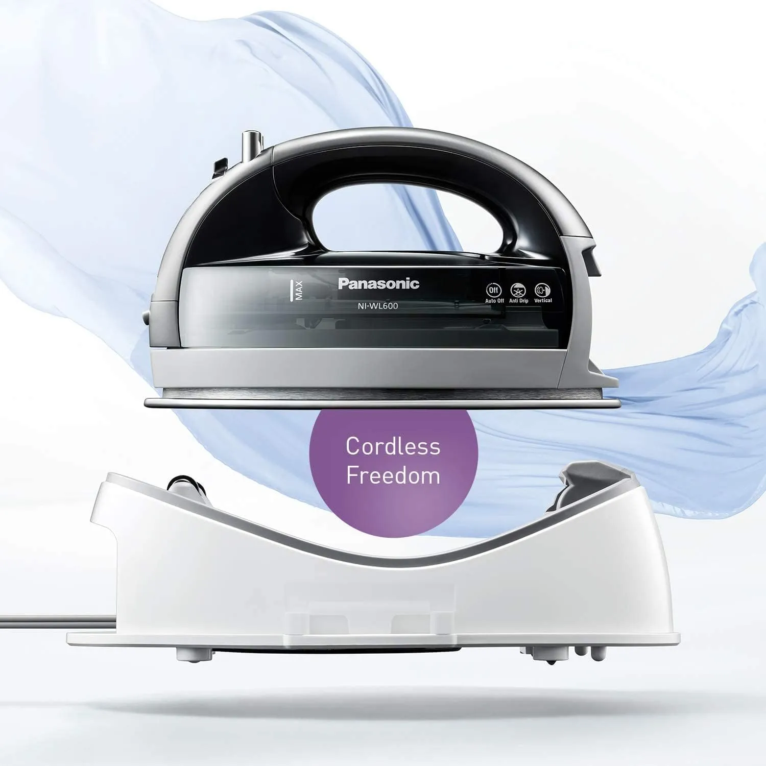 Panasonic NI-WL600 Cordless Steam/Dry Iron, 1500W Wide Stainless Steel Plate, Silver/Black