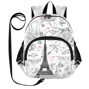 Paris Romance Sketch White Toddler Harness Backpack for Boys Girls 3-6 Years Kids Backpack with Anti Lost Safety Leash Baby Travel Bag for Travel Preschool Walking