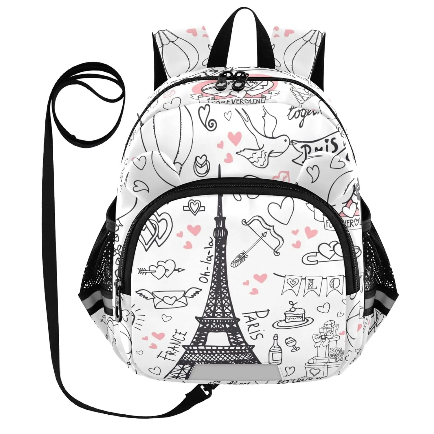 Paris Romance Sketch White Toddler Harness Backpack for Boys Girls 3-6 Years Kids Backpack with Anti Lost Safety Leash Baby Travel Bag for Travel Preschool Walking