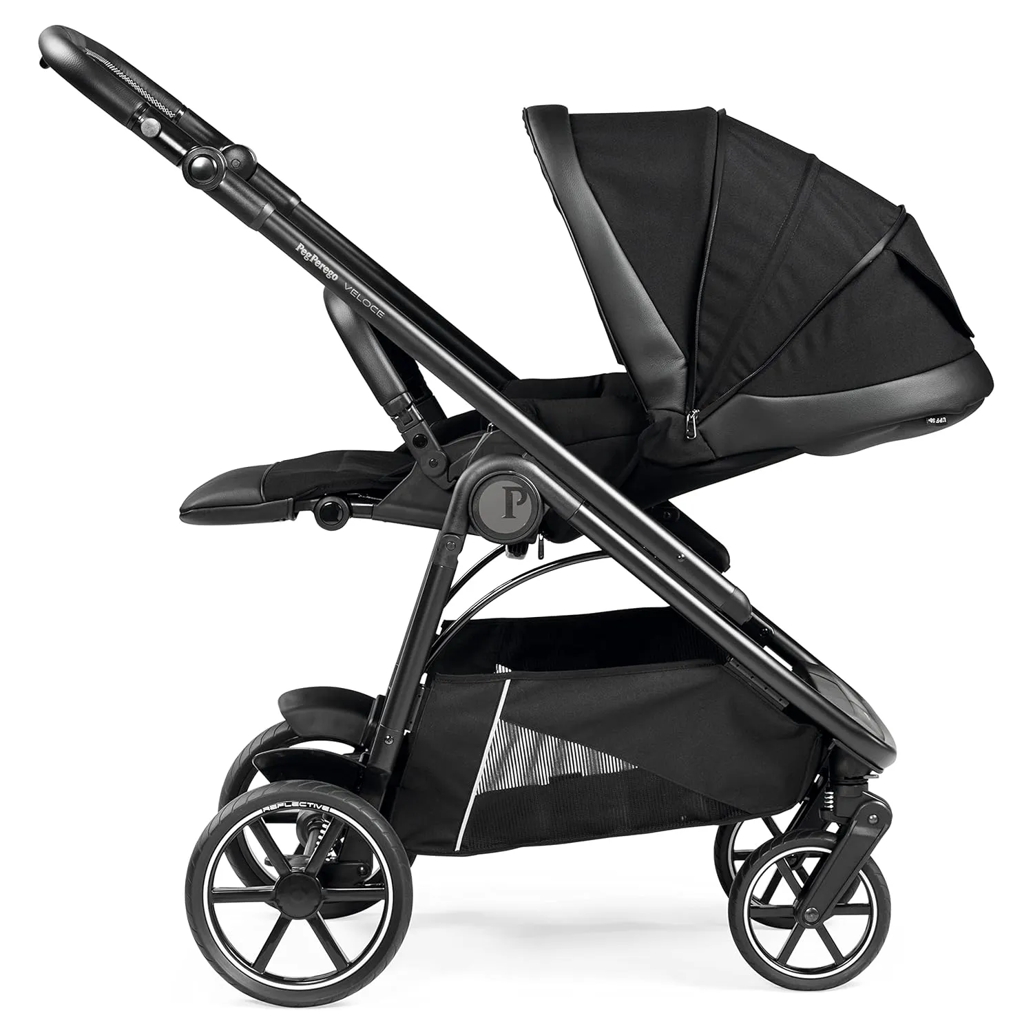 Peg Perego Veloce - Compact Full Featured Lightweight Stroller - Compatible with All Primo Viaggio 4-35 Infant Car Seats - Made in Italy - Licorice (Black & Black eco-Leather)