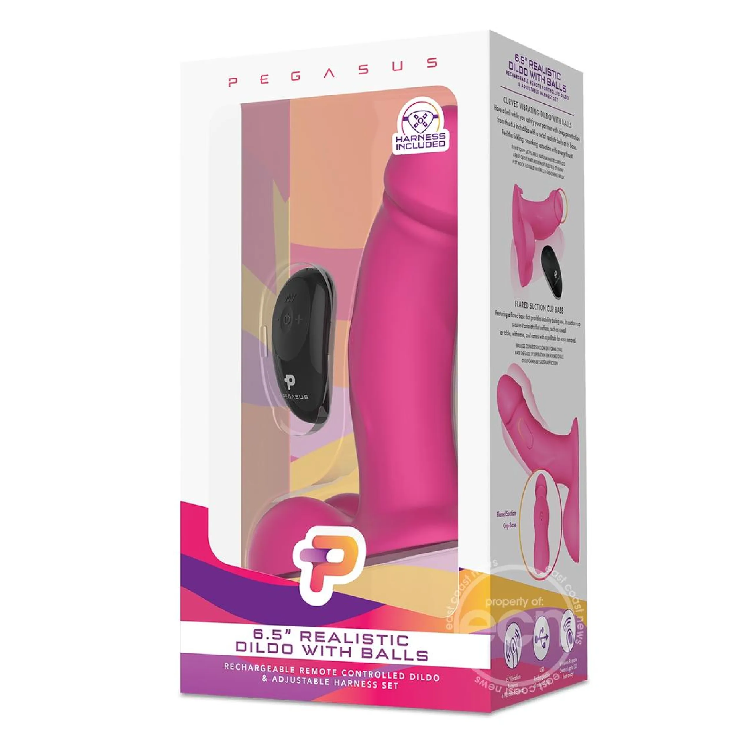 Pegasus Realistic Silicone Rechargeable Dildo with Balls with Remote Control and Adjustable Harness Set 6.5in - Pink
