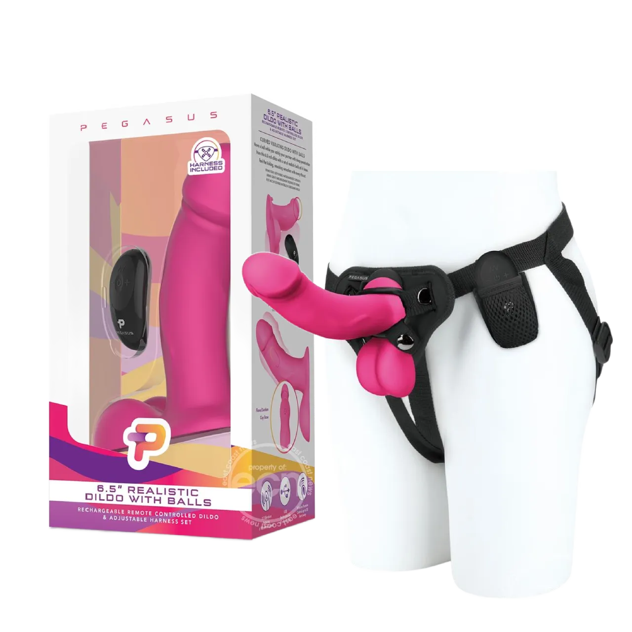 Pegasus Realistic Silicone Rechargeable Dildo with Balls with Remote Control and Adjustable Harness Set 6.5in - Pink