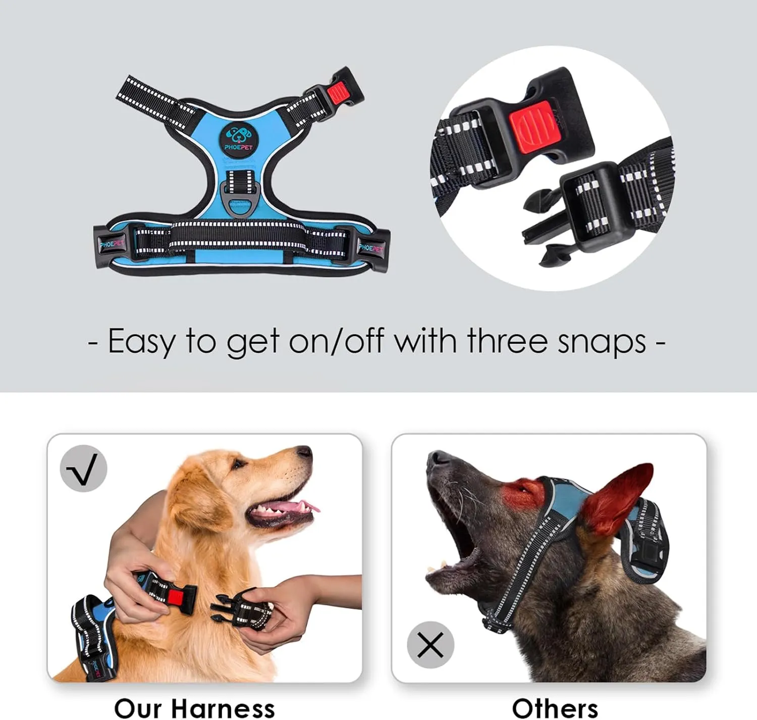 PHOEPET No Pull Dog Harnesses for Small Dogs Reflective Adjustable Front Clip Vest with Handle 2 Metal Rings 3 Buckles [Easy to Put on & Take Off](S, Blue)