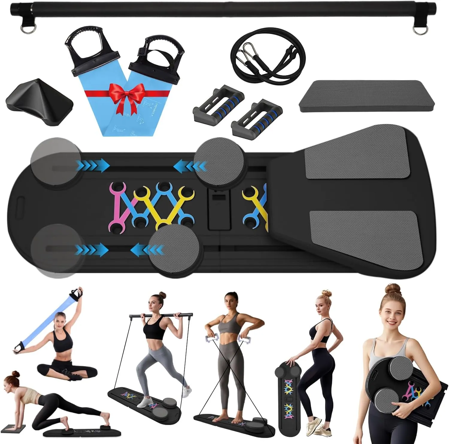 Pilates Reformer Board Set for Home Workout, Multifunctional Portable Foldable Pilates Board for Small Spaces, Extra Complimentary Tension Straps, Full Body Workout for Women/Men