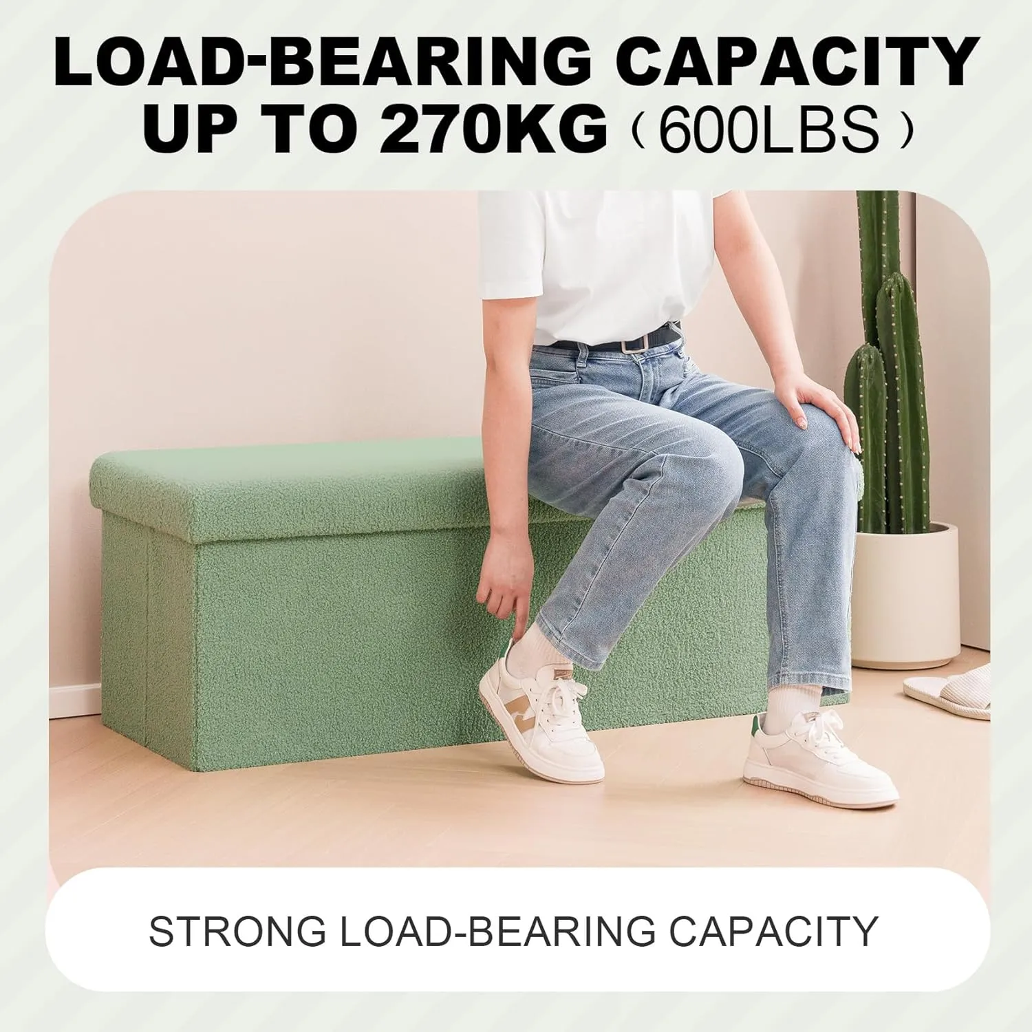 PINPLUS Storage Ottoman Bench Sherpa Ottoman Foot Rest, Foldable Boucle Ottomans Large Storage Box Entryway Bench for Dorm, Green 43.3'' x 15'' x 15''