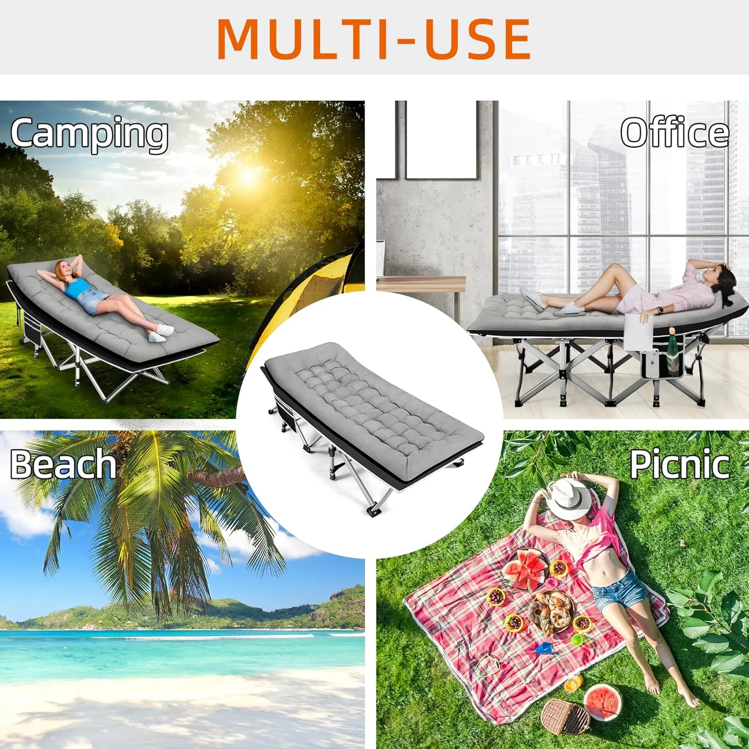 Portable Camping Cot, Sleeping Cots for Adults, 28" Extra Wide Folding Cot Max Load 600LBS with Thick Mattress, Portable Camping Bed for Outdoor Camp/Office, Home Nap (Black Grey)
