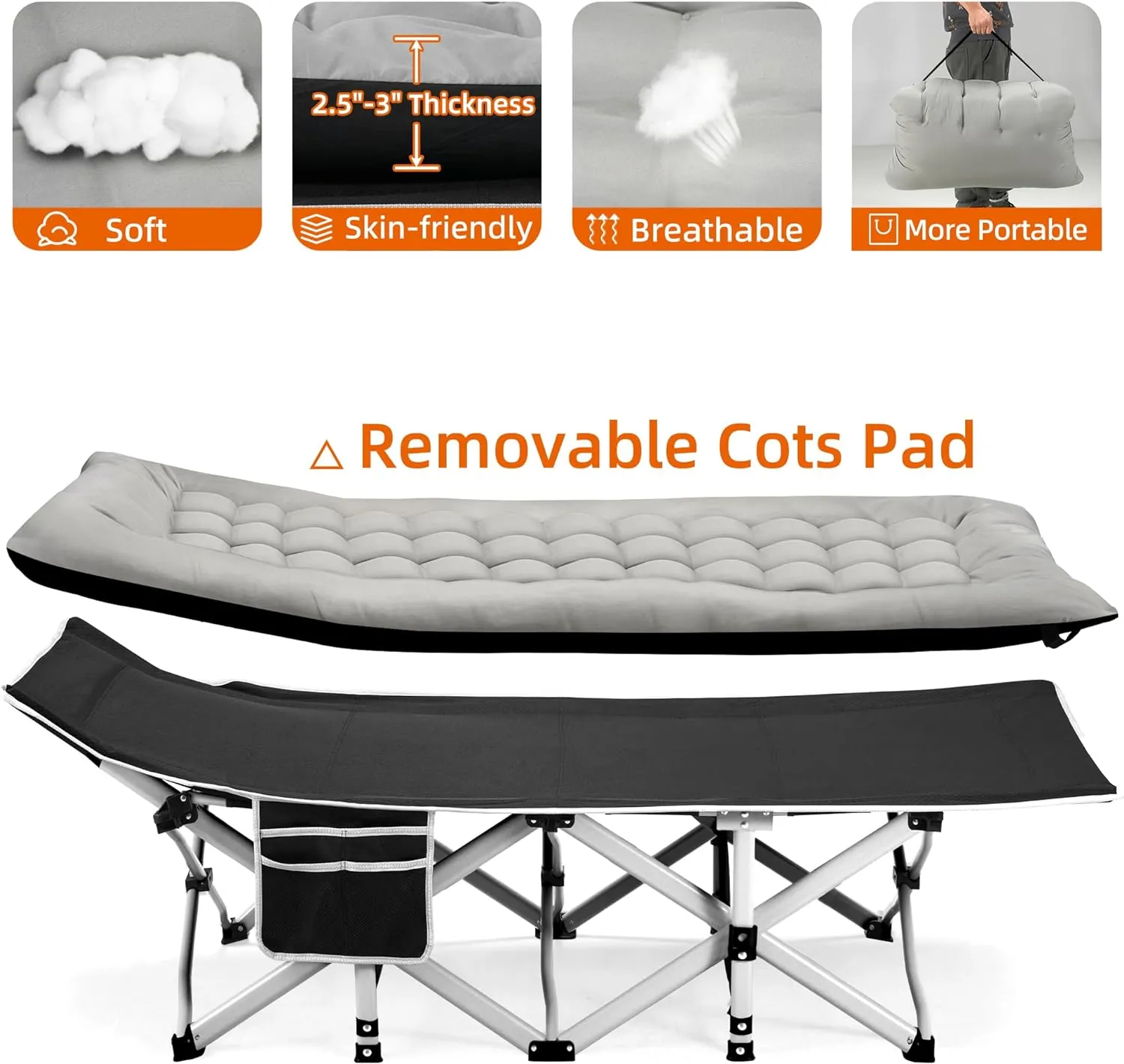 Portable Camping Cot, Sleeping Cots for Adults, 28" Extra Wide Folding Cot Max Load 600LBS with Thick Mattress, Portable Camping Bed for Outdoor Camp/Office, Home Nap (Black Grey)