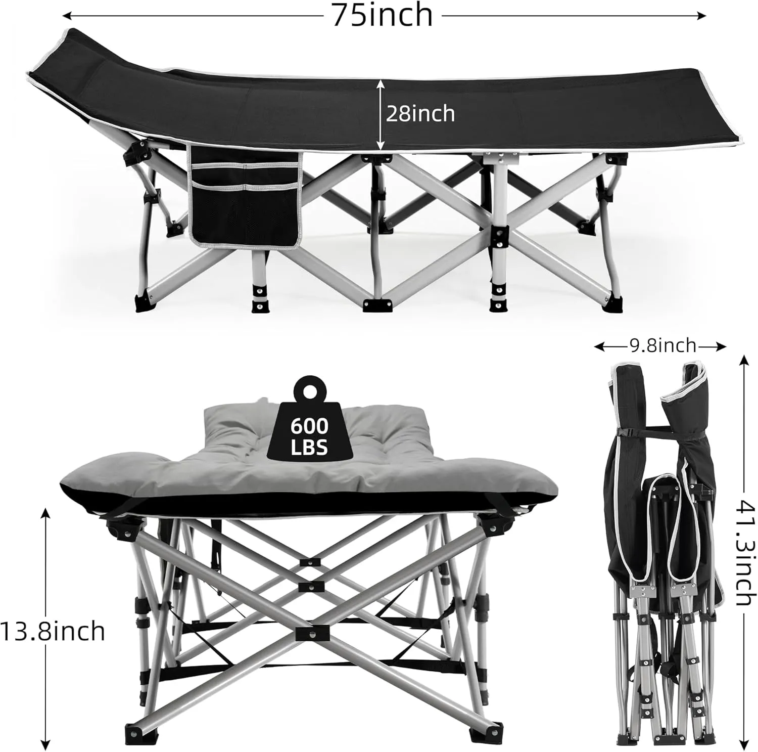 Portable Camping Cot, Sleeping Cots for Adults, 28" Extra Wide Folding Cot Max Load 600LBS with Thick Mattress, Portable Camping Bed for Outdoor Camp/Office, Home Nap (Black Grey)