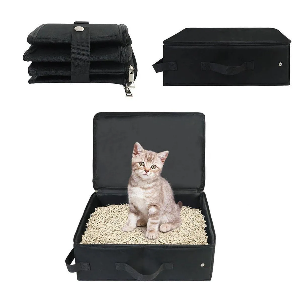 Portable Collapsible Travel Litter Box with Lid Foldable Fabric Litter Pan Bag