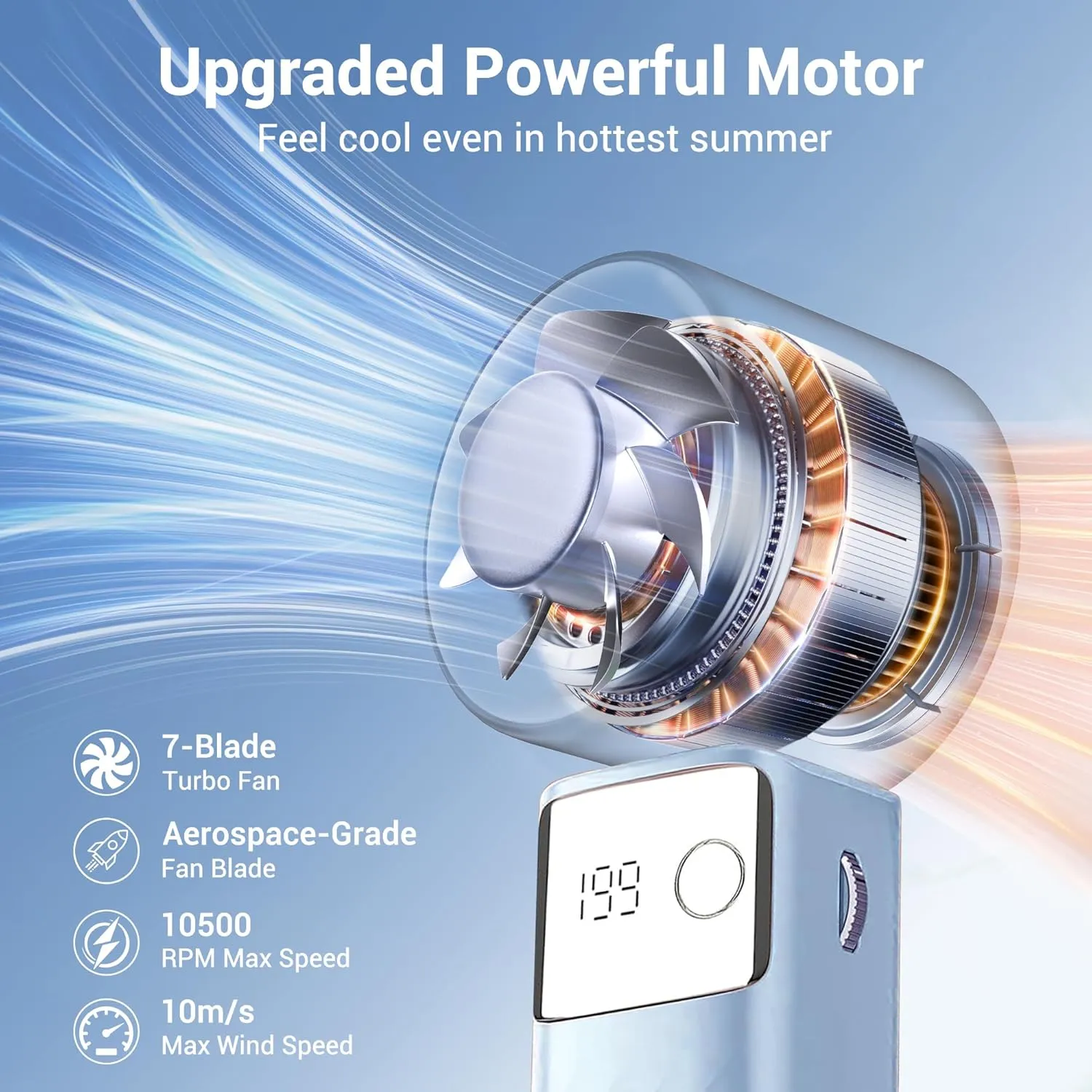 Portable Handheld Fan, Powerful Turbo Mini Personal Fan with 199 Speeds, 20hrs Run Time, Foldable & USB Rechargeable with LED Display, Gift for Women & Men, For Travel, Working, Outdoor(Ice Blue)
