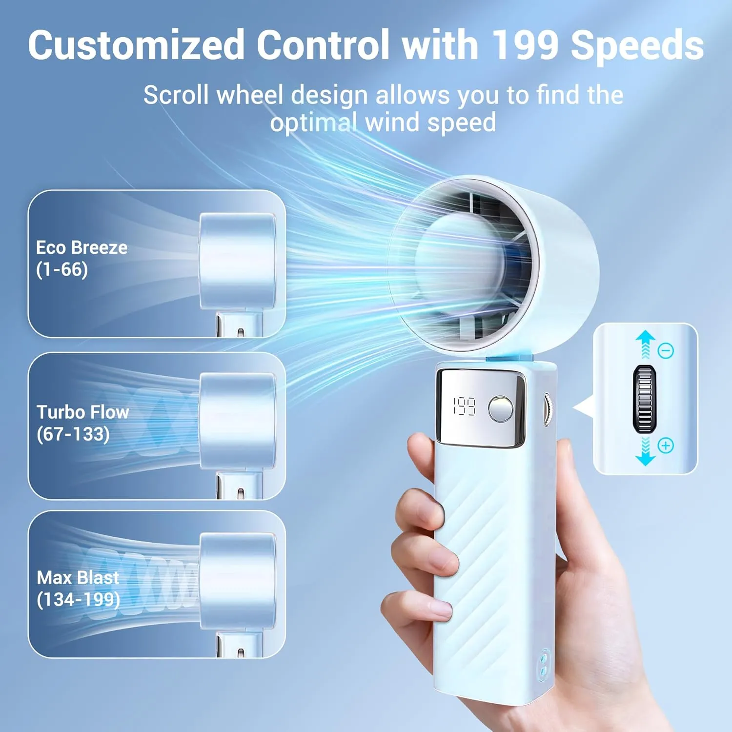 Portable Handheld Fan, Powerful Turbo Mini Personal Fan with 199 Speeds, 20hrs Run Time, Foldable & USB Rechargeable with LED Display, Gift for Women & Men, For Travel, Working, Outdoor(Ice Blue)